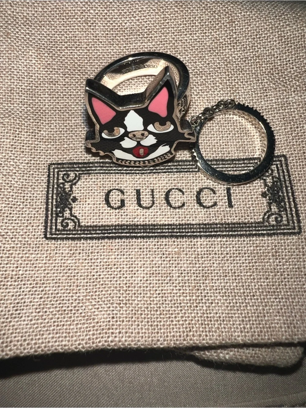 Gucci Silver-Tone Cat Face Bag Charm Keyring